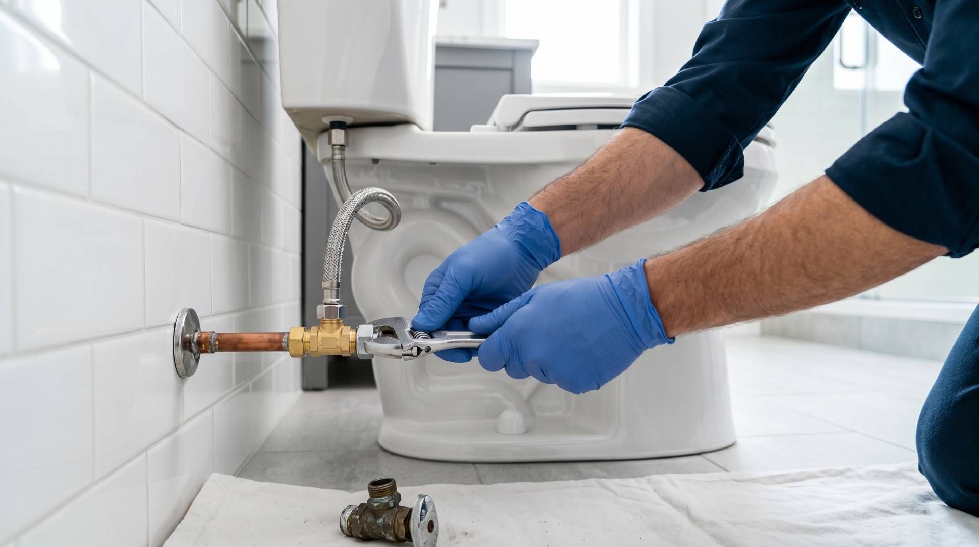 Plumber replacing toilet supply valve with blue gloves on
