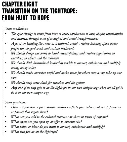 Chapter Eight Transition on the Tightrope: From Hurt to Hope Some conclusions: • The opportunity to move from hurt to hope, carelessness to care, despite uncertainties and trauma, through a set of ecological and social transformations • A focus on building the sector as a cultural, social, creative learning space where people can do good work and sustain livelihoods • We should design our work to build resourcefulness and creative capabilities in ourselves, in others and the collective • We should ditch hierarchical leadership models to connect, collaborate and multiply many, many voices • We should make ourselves useful and make space for others even as we take our own • We should keep some slack for ourselves and the system • Any one of us only gets to do the tightrope in our own unique way when we all get to do it in our own unique way Some questions: • How can you ensure your creative resilience reflects your values and resists processes or powers that negate them? • What can you add to the cultural commons or share in terms of support? • What space can you open up or offer to someone else? • What voices or ideas do you want to connect, collaborate and multiply? • What will you do on the tightrope?