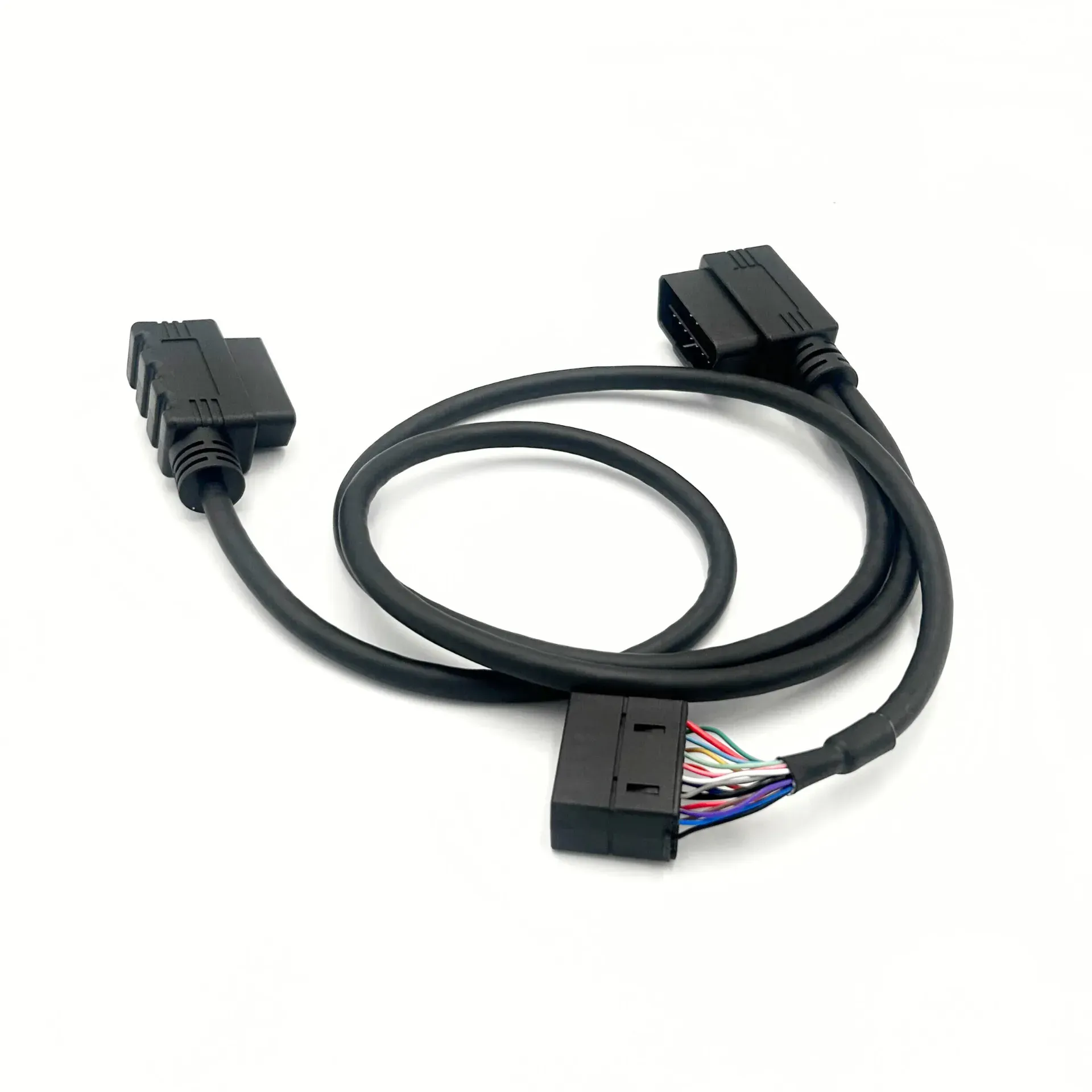 Black electronic cable with two connectors and exposed multicolored wires on one end