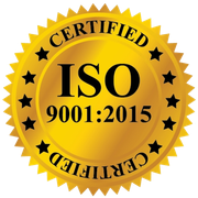 Gold ISO 9001:2015 certified seal with black stars and bold text