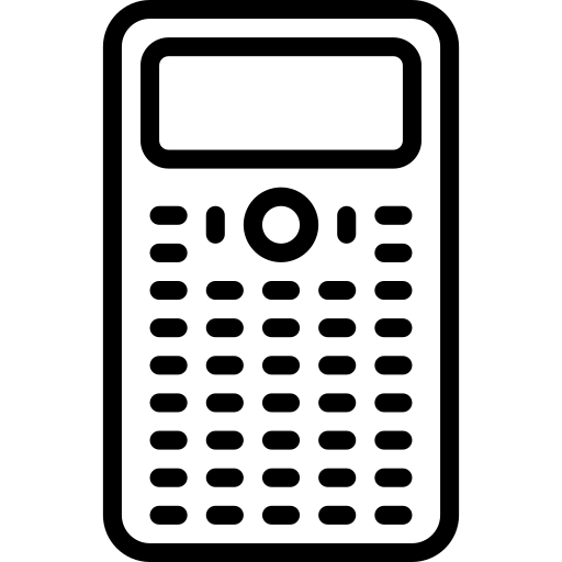 A black and white icon of a calculator on a white background.