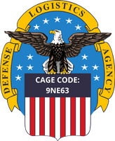 Defense Logistics Agency seal with eagle and shield, cage code 9NE63, blue and gold background