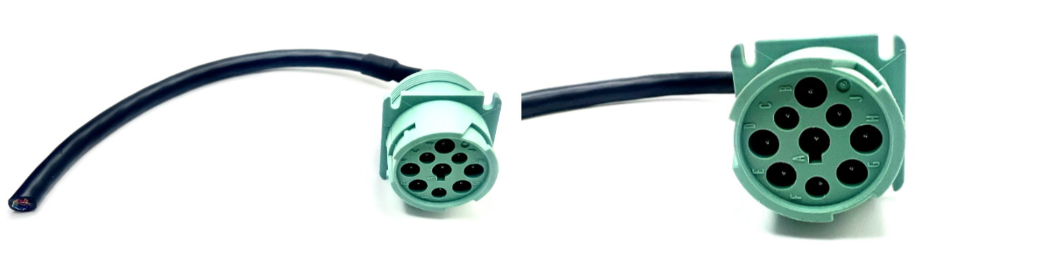 Two green circular electrical connectors with attached dark blue cables on a white background