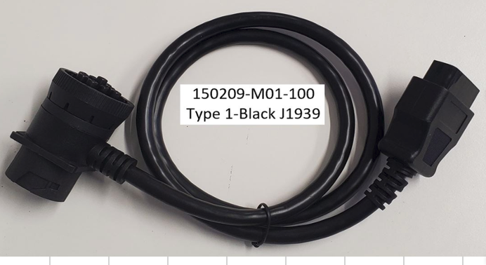 Black cable with two connectors, labeled “150209-M01-100 Type 1-Black J1939” on white background