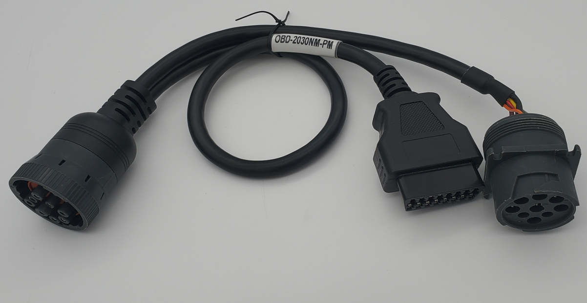 Black adapter cable with two different electrical connectors on a white background