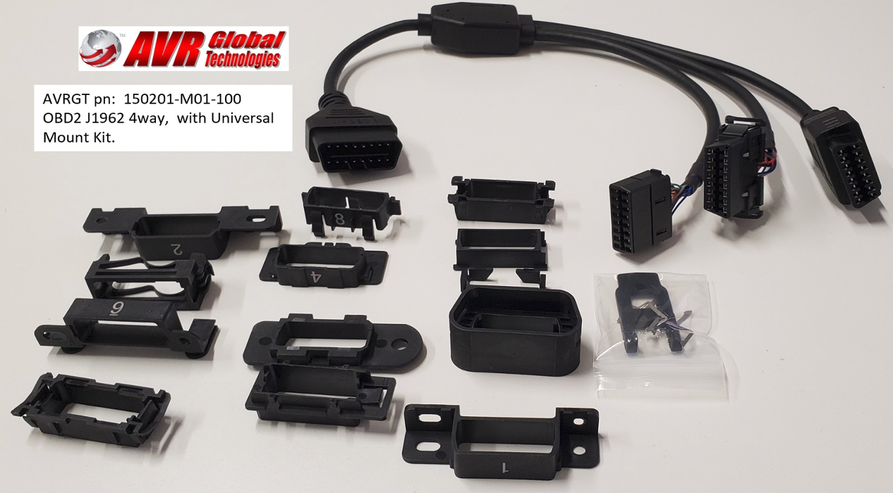 Black AV wiring harness connectors and adapters arranged on a white background with a small product label.