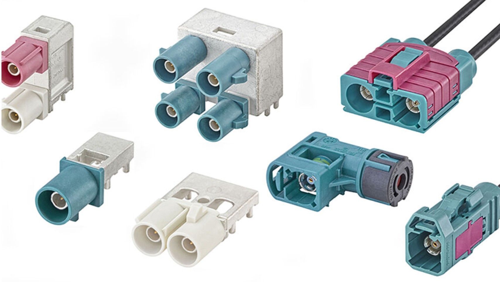 There are many different types of connectors on a white background.