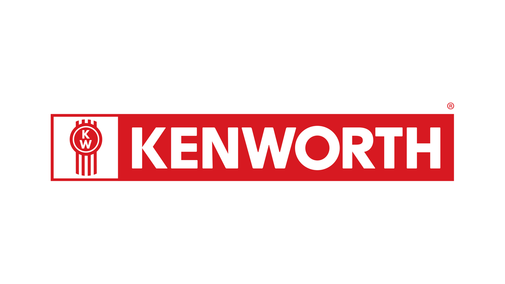 Kenworth logo in white on a red rectangular background