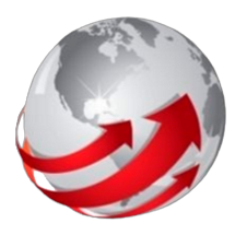 A globe with three red arrows around it