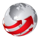 A globe with three red arrows around it