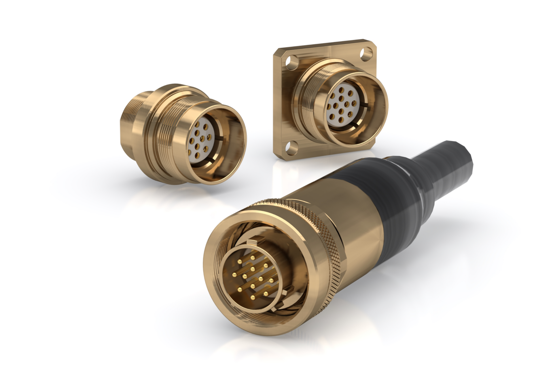 Three brass connectors are sitting next to each other on a white surface.