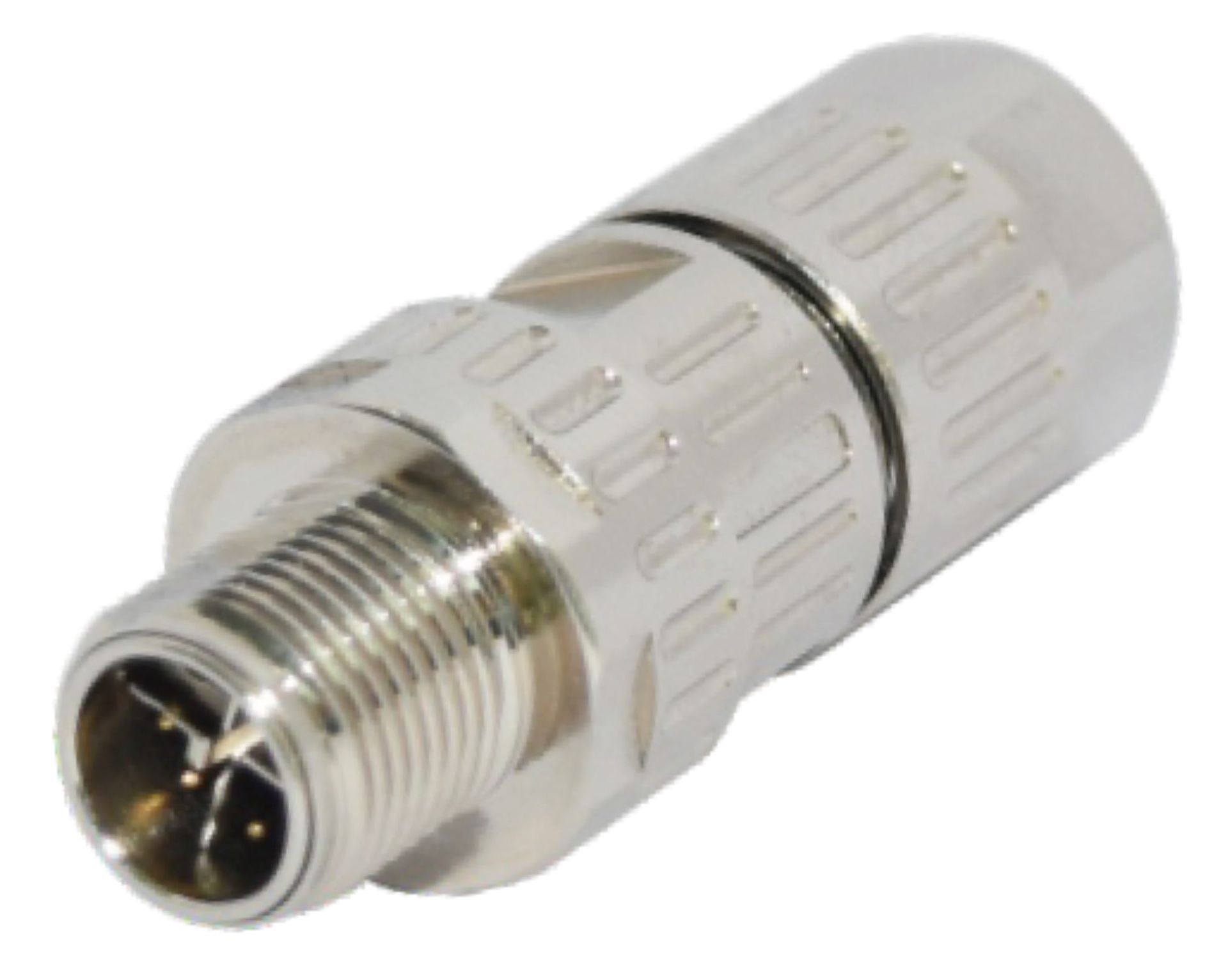 A close up of a metal connector with a white background