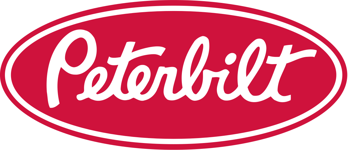 Peterbilt logo in white script on a red oval background