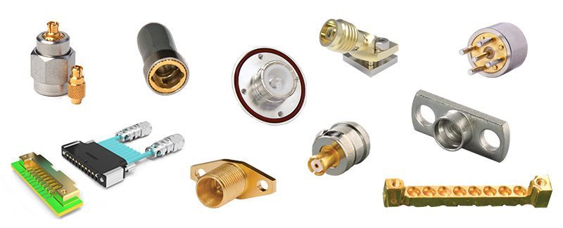 A variety of electrical components are displayed on a white background.