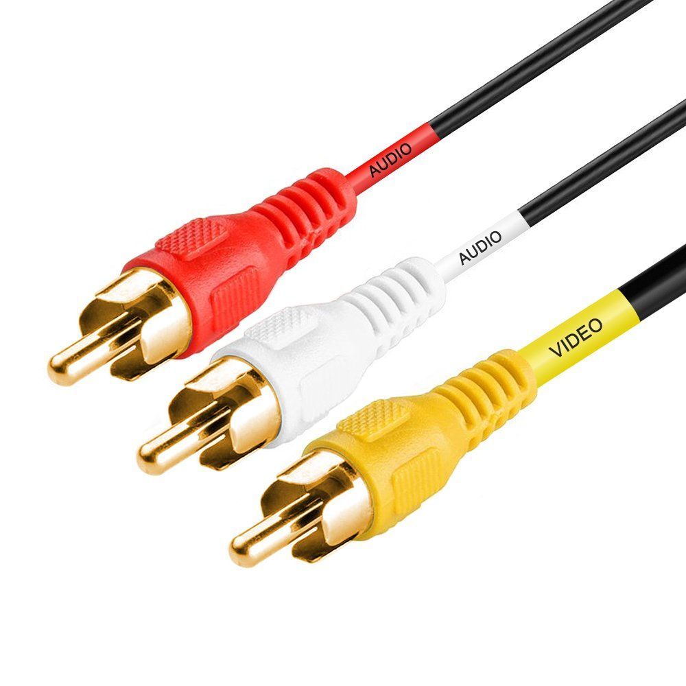 A close up of three audio and video cables on a white background.