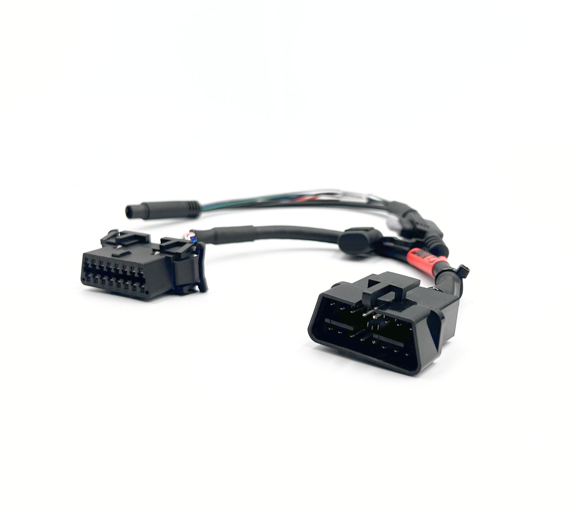 Black automotive wiring adapter cable with two connectors on a white background