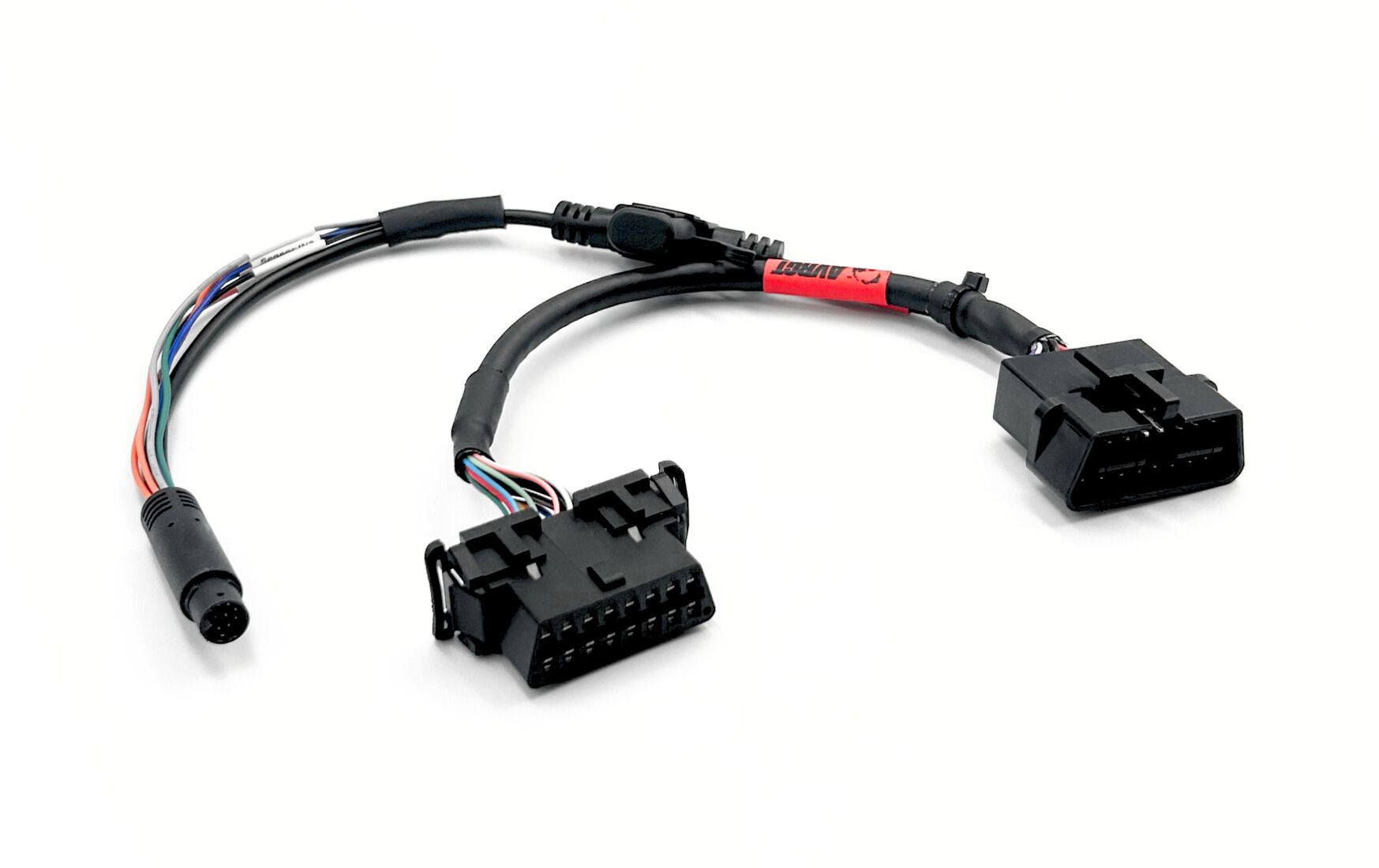 Black wiring harness with two electrical connectors on a white background