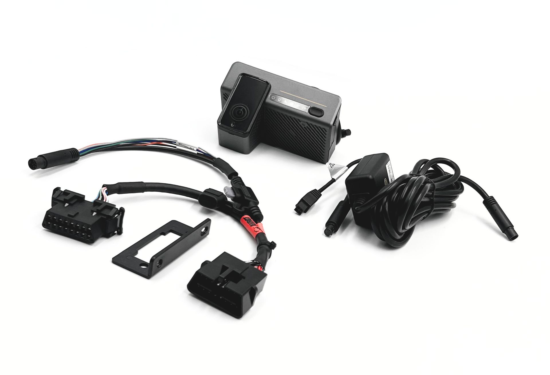 Black electronic mounting kit with cables, connectors, and a power adapter on a white background