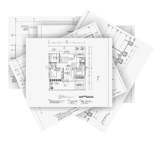 A pile of blueprints of a house are stacked on top of each other.
