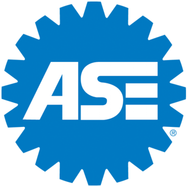 Blue gear-shaped logo with white text reading