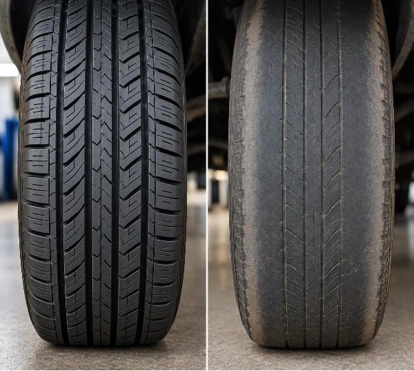 Two tires side by side, showing one with deep tread and one worn smooth.