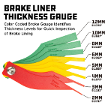 Brake line thickness gauge chart with colored layers from green to red and measurements in mm and inches