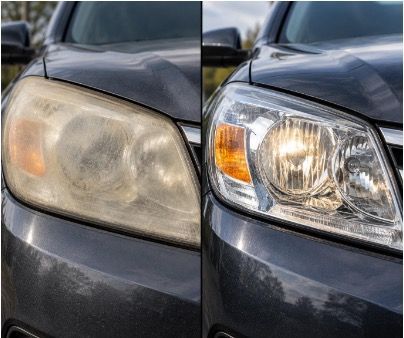 Car headlight before and after restoration: cloudy yellow lens beside clear, shiny lens.