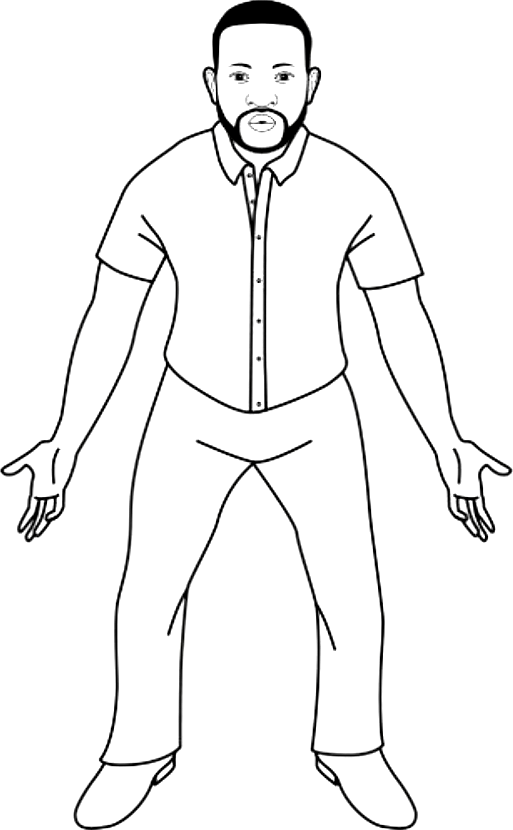 A black and white drawing of a man with a beard standing with his arms outstretched.
