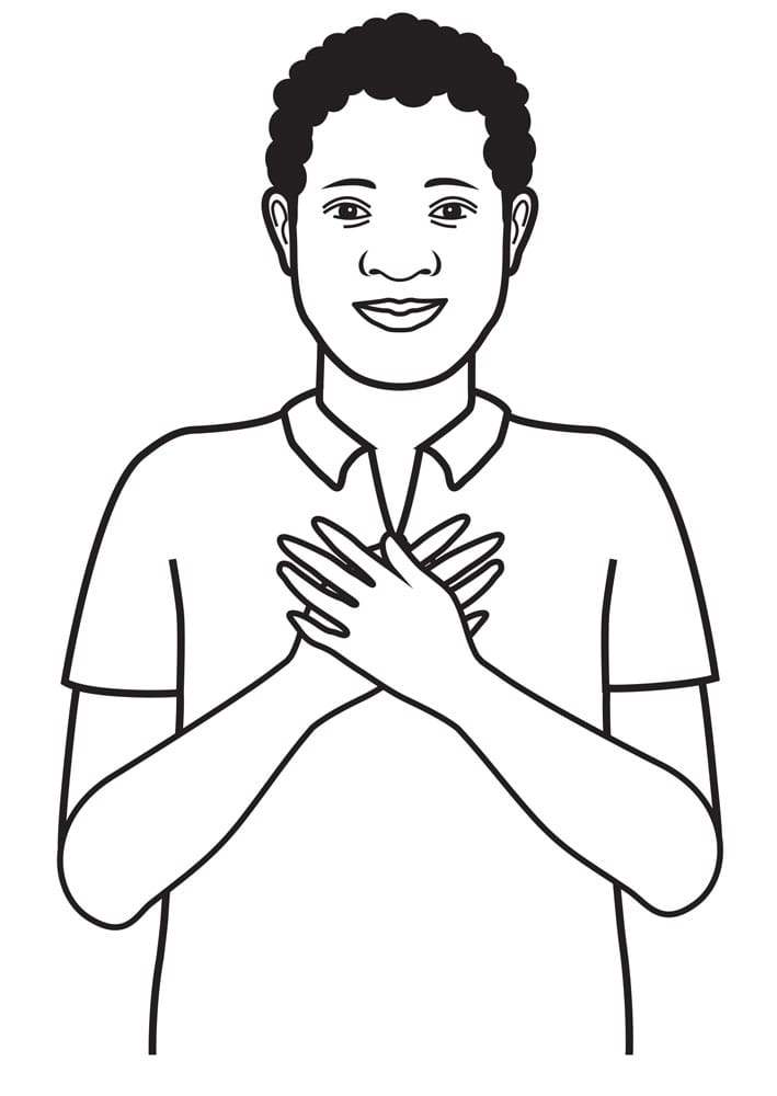 A black and white drawing of a man with his hands on his chest.