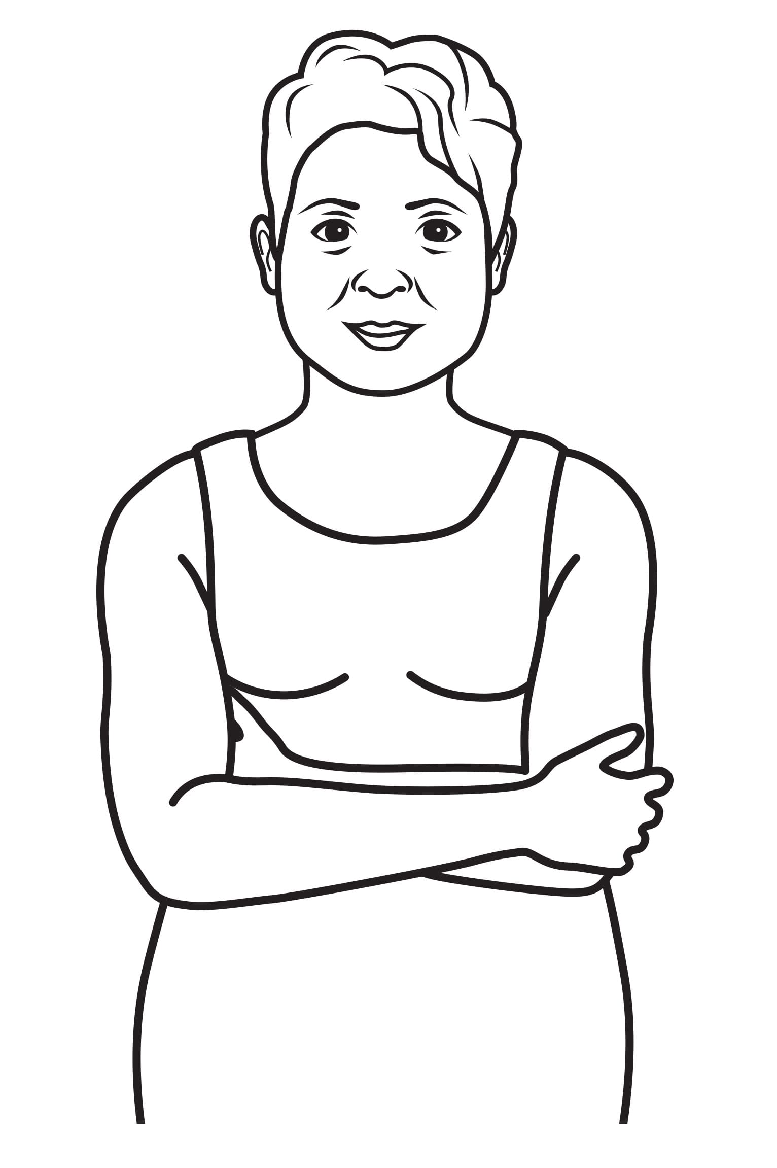A black and white drawing of a woman with her arms crossed.