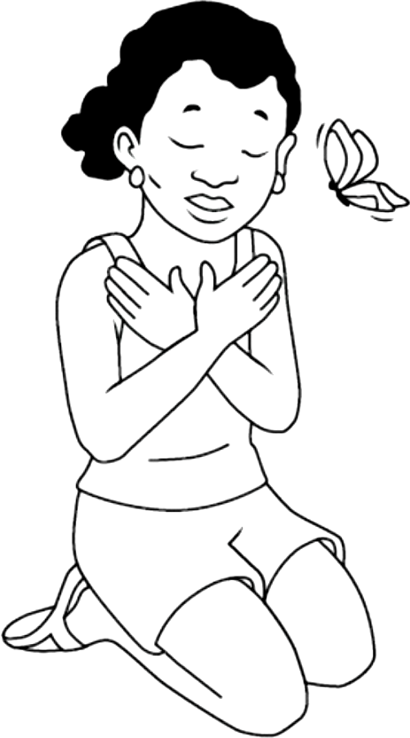 A black and white drawing of a girl kneeling down with her hands on her chest.