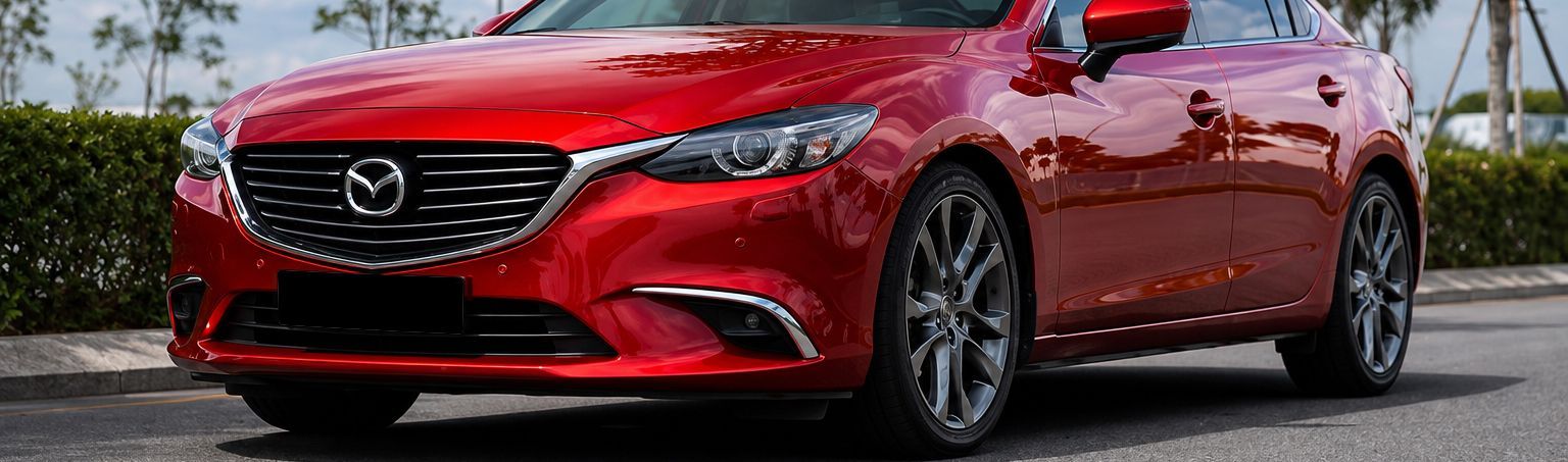 Red Mazda sedan driving on a wet road near greenery