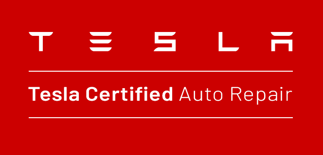 A red logo for tesla certified auto repair