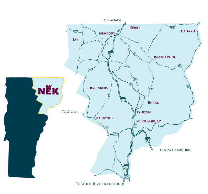 Map of Vermont, highlighting the Northeast Kingdom NEK
