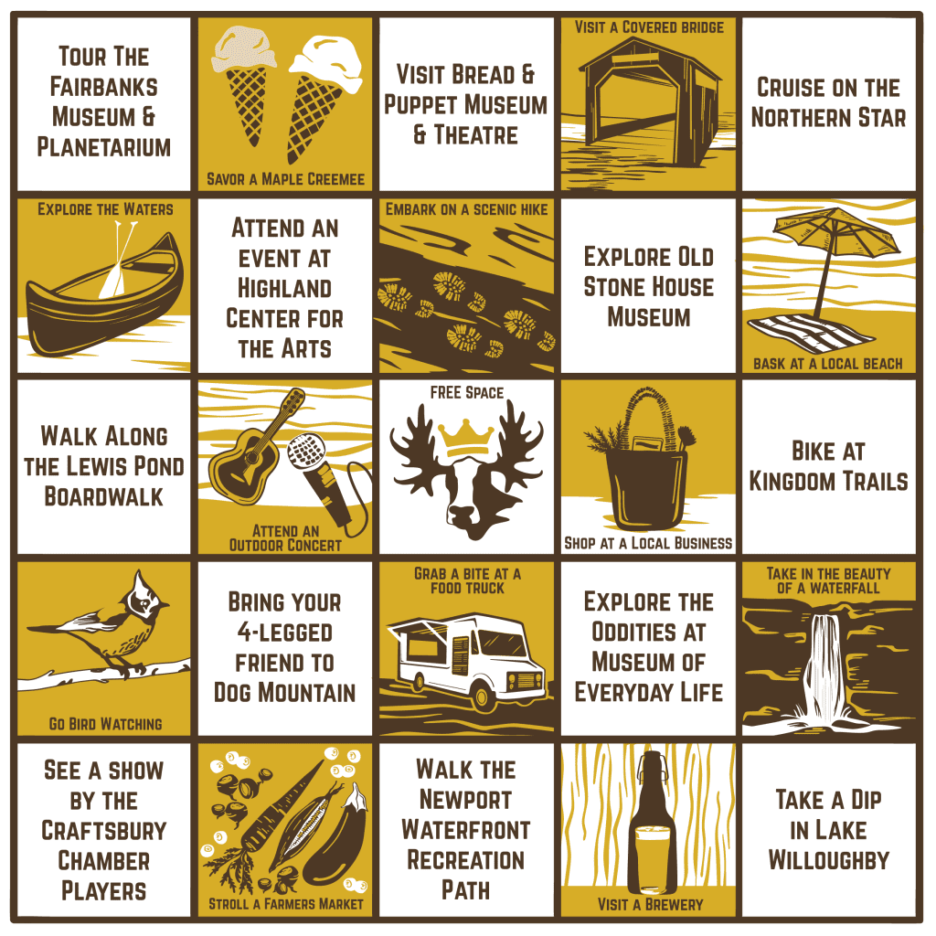 Square activity card with 25 panels promoting local attractions and events.