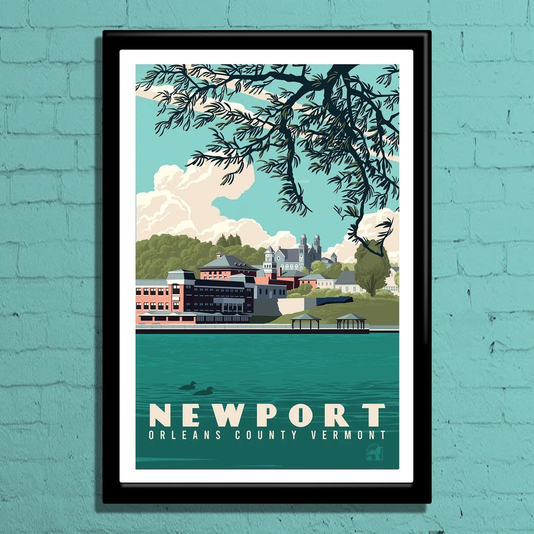 Poster of Newport, Vermont with water, buildings, and tree branches. Turquoise and light blue hues.