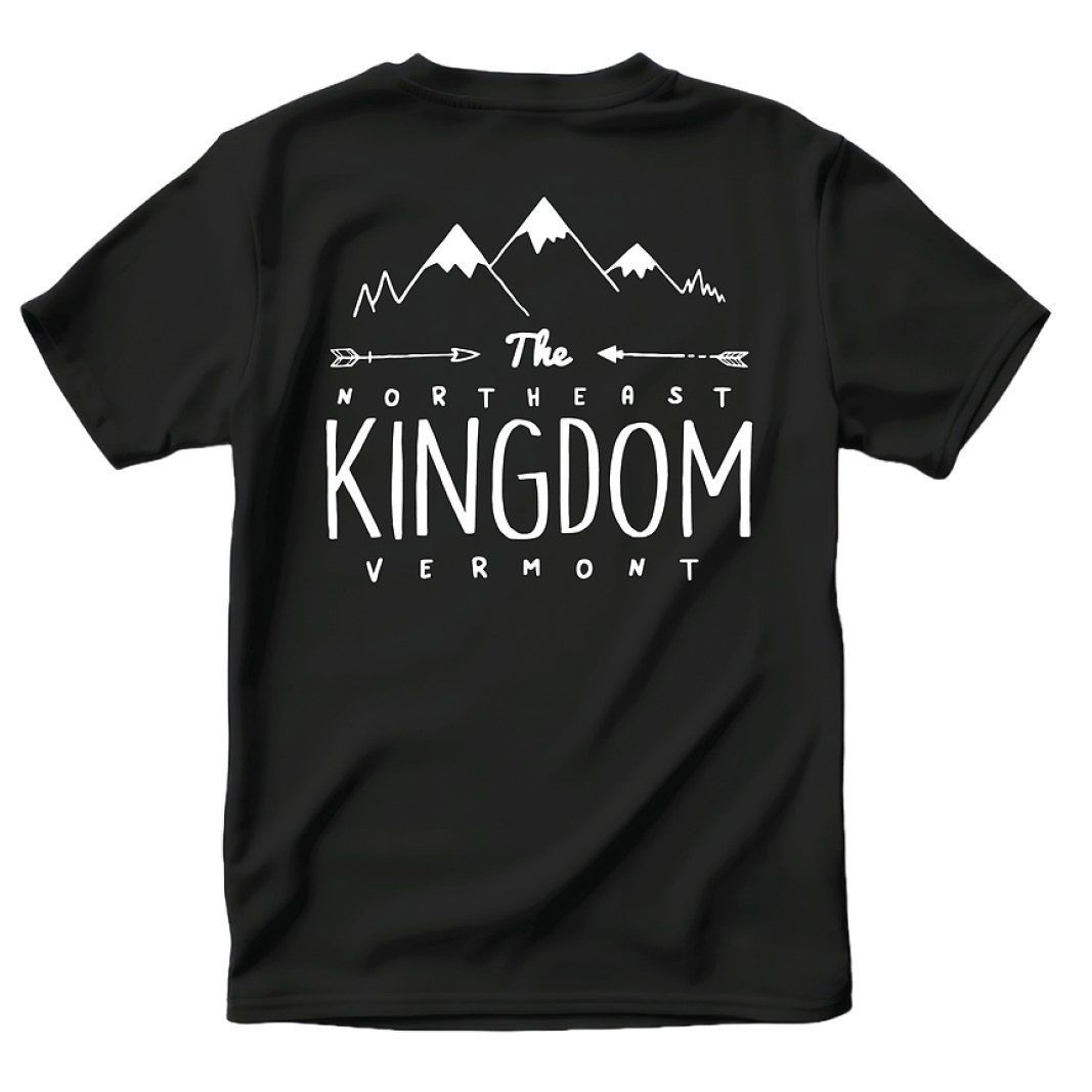 Black t-shirt with white text and graphic: