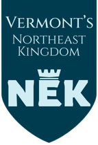 Dark blue shield with text