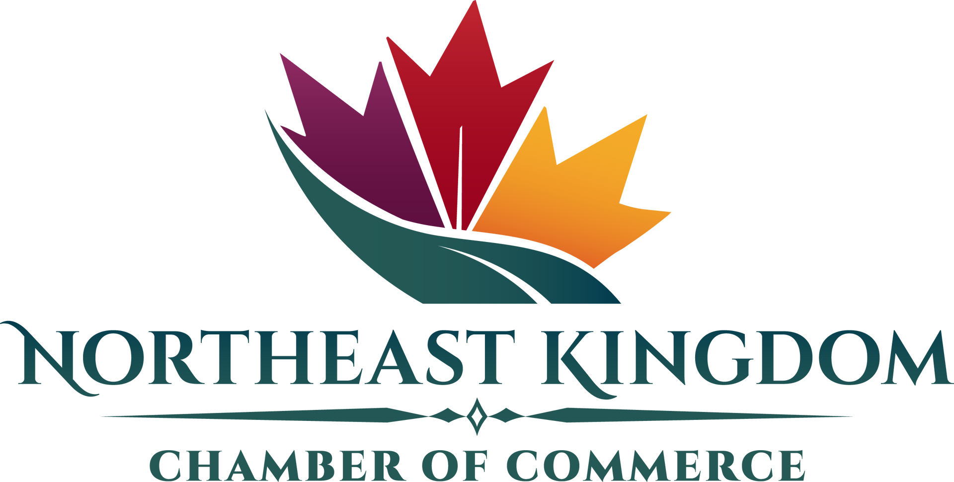 Logo of the Northeast Kingdom Chamber of Commerce: maple leaf in red, orange, purple, over green swoop, text below.