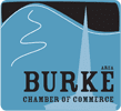 Burke Area Chamber of Commerce logo: Blue mountain with white lines and a spire over text.