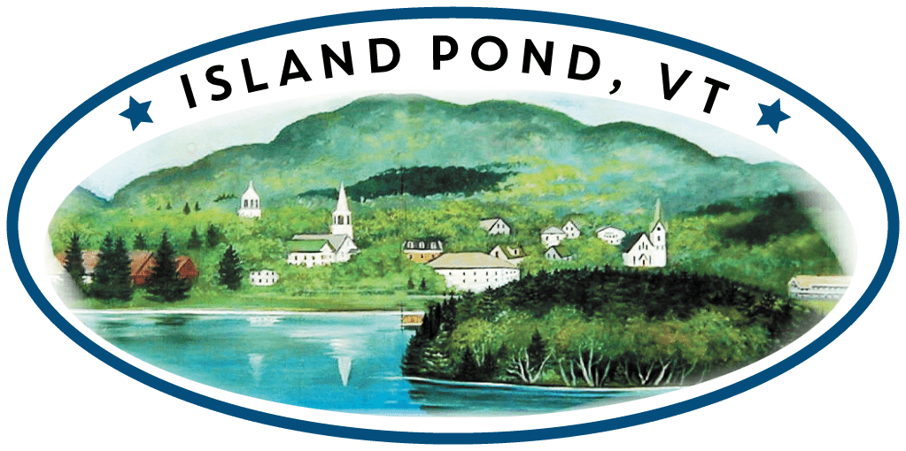 Island Pond, VT, landscape scene in an oval frame. Featuring a lake, town, mountains, and a blue border.