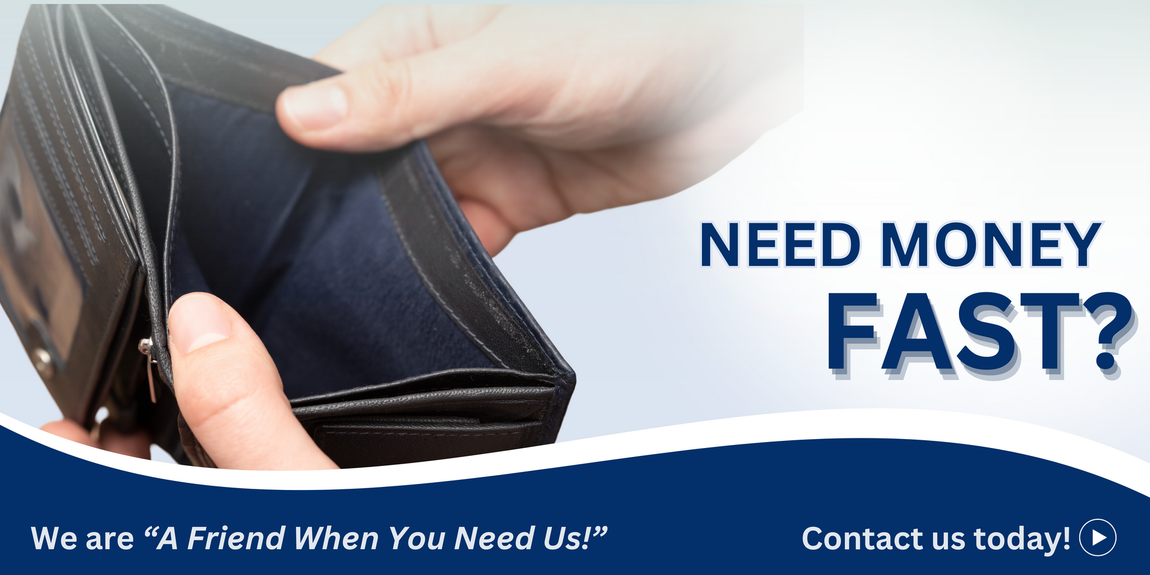 A person holding an empty wallet that says need money fast
