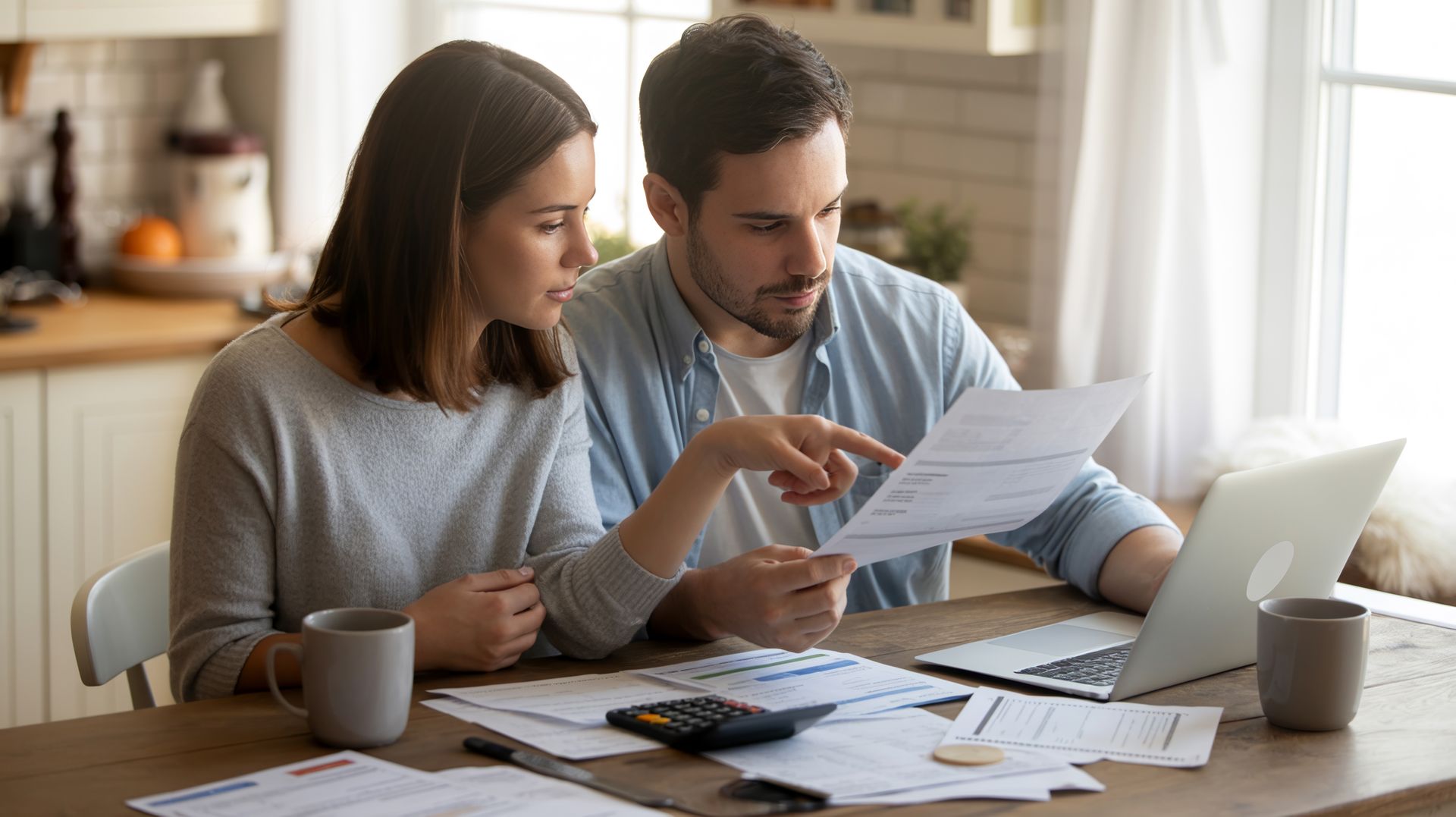 Couple reviewing financial documents and bills at home while managing personal loan paperwork