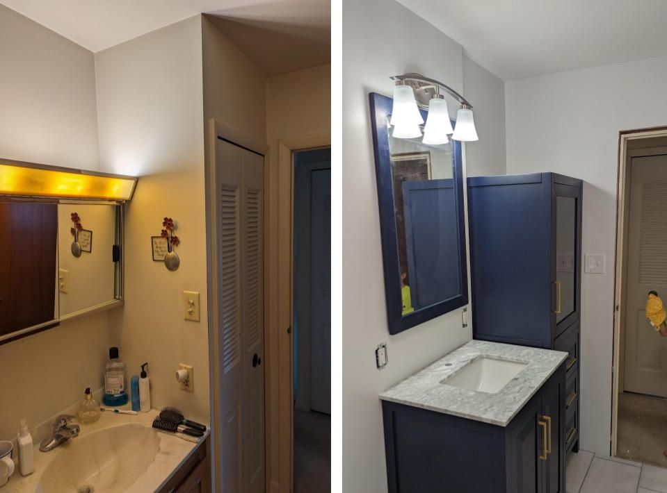 A before and after photo of a bathroom with a sink and a mirror.