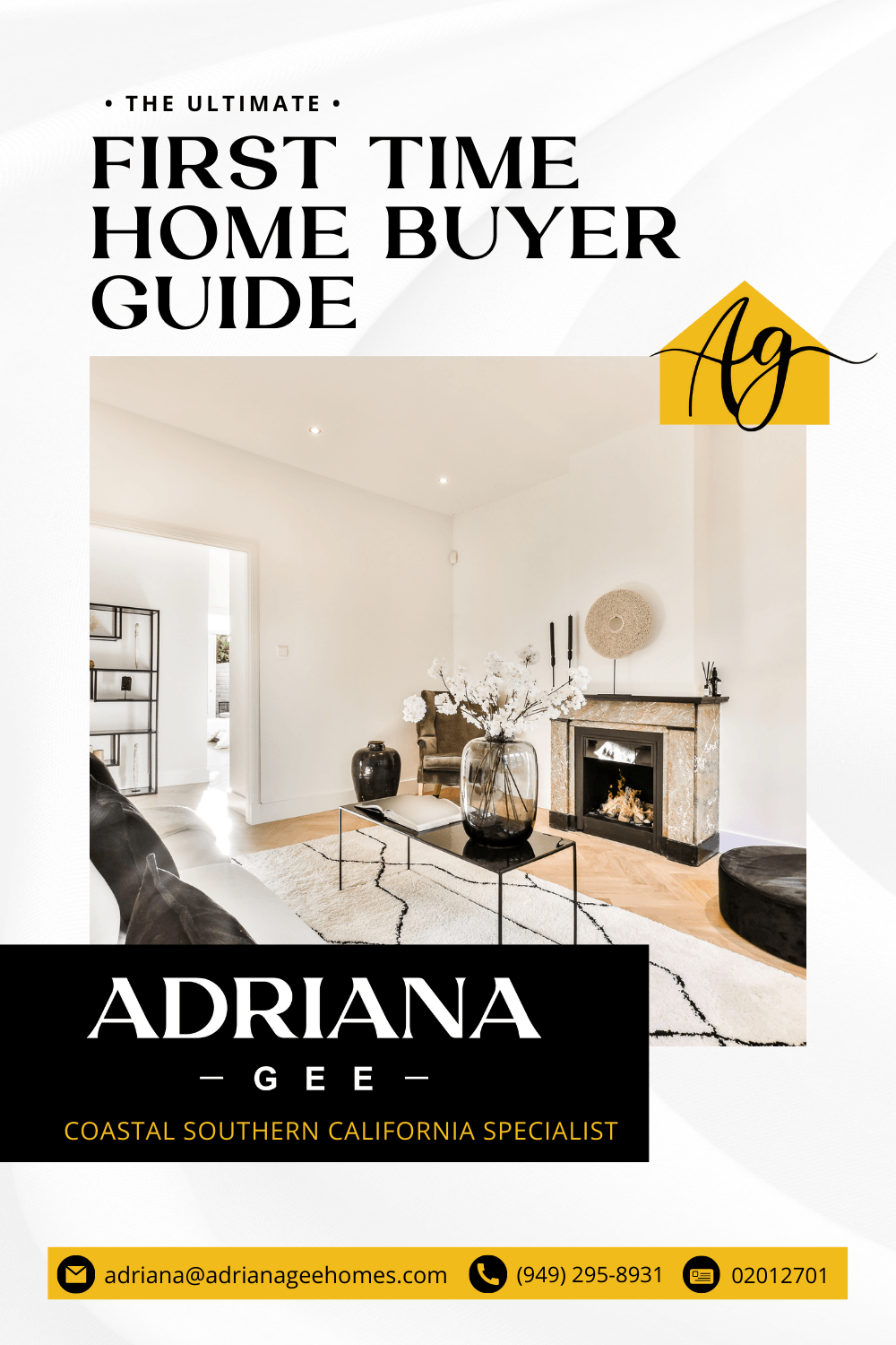 First-time home buyer guide cover with bright living room and realtor branding