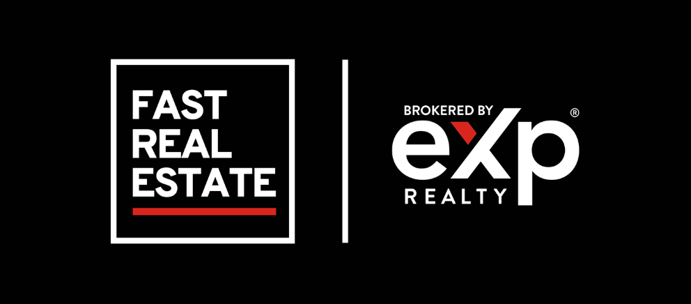 Fast Real Estate and eXp Realty logos on black background, separated by a red vertical line.