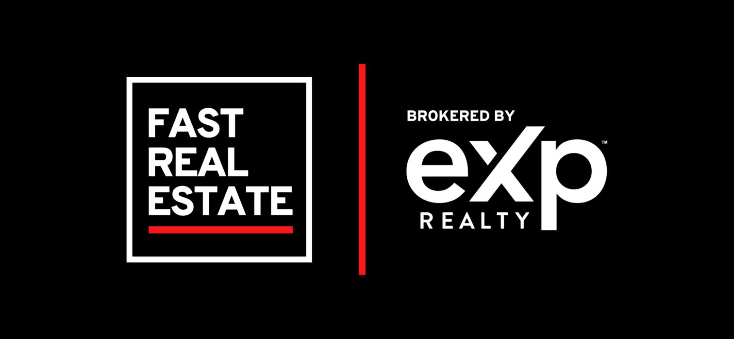 Fast Real Estate and eXp Realty logos on black background, separated by a red vertical line.