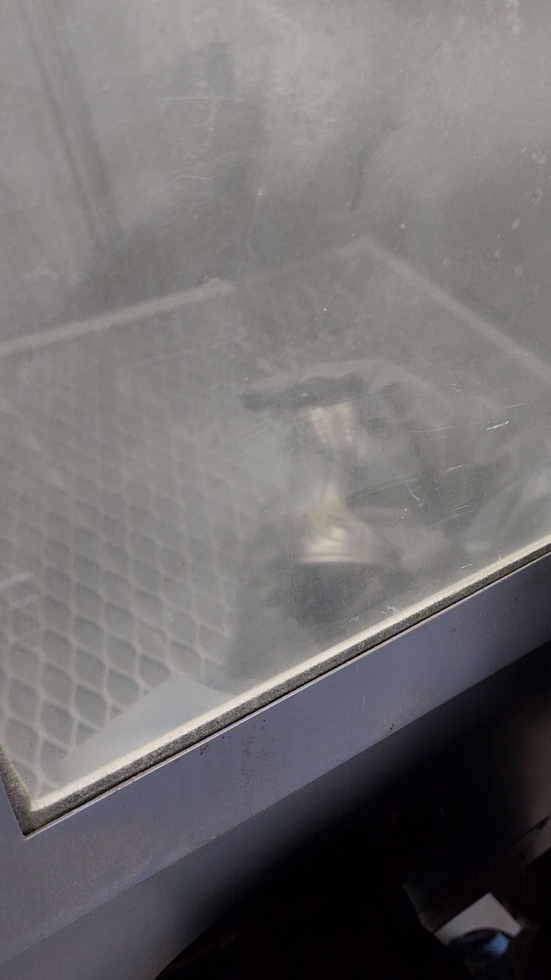Foggy view through a window of a metal grate and a small object on the floor inside.