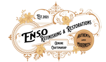 Gold and black logo for ENSO Refinishing & Restorations with vintage ornamental flourishes and badges