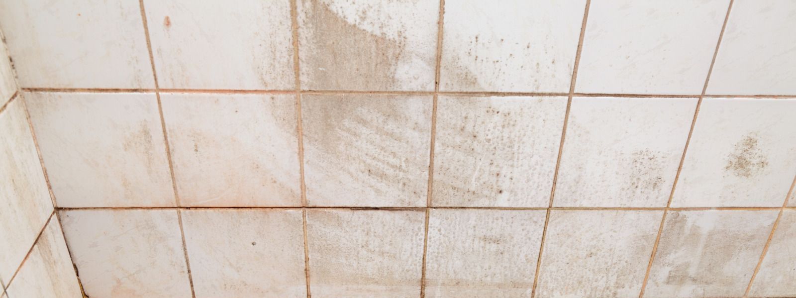 Stained white tiled wall with brown grout lines and dirt streaks near the bottom